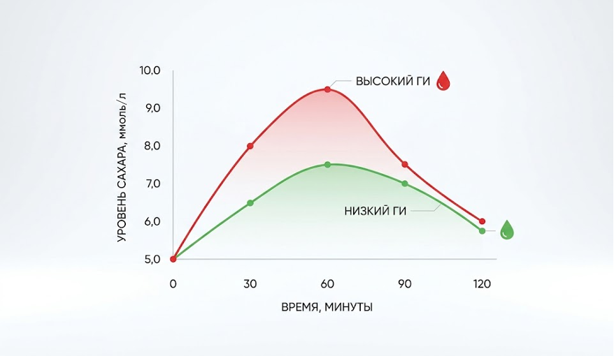 График влияния продуктов с высоким и низким гликемическим индексом на уровень глюкозы в крови