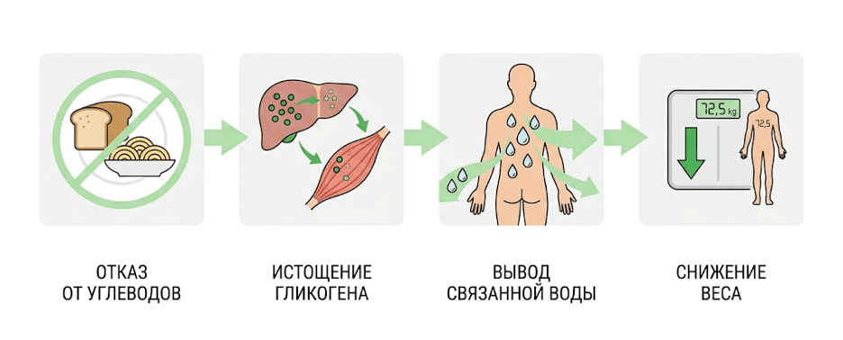 Схема влияния истощения гликогена на потерю веса и задержку воды: Отказ от углеводов → Истощение гликогена → Выход связанной воды → Падение веса