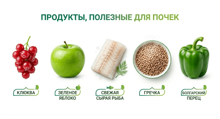 галерея иконок категорий продуктов, полезных для почек: ягоды, яблоки, зелень, рыба, крупы, капуста, кабачки, болгарский перец.