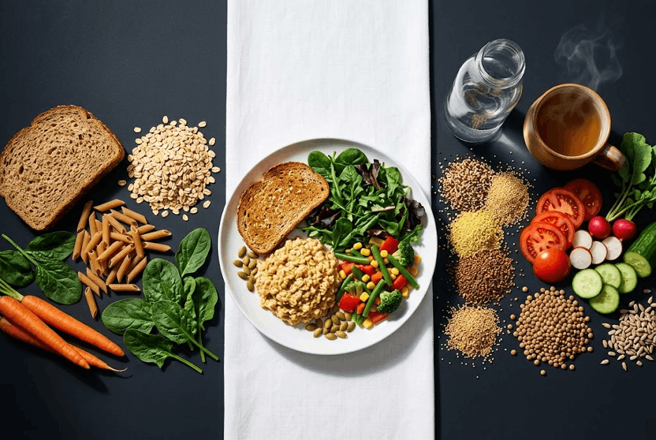 Флэтлэй здорового завтрака: тарелка с растительными белками и клетчаткой в центре, окруженная цельными продуктами — овсяными хлопьями, пастой, чечевицей, семенами, свежими томатами и огурцами на темном фоне.