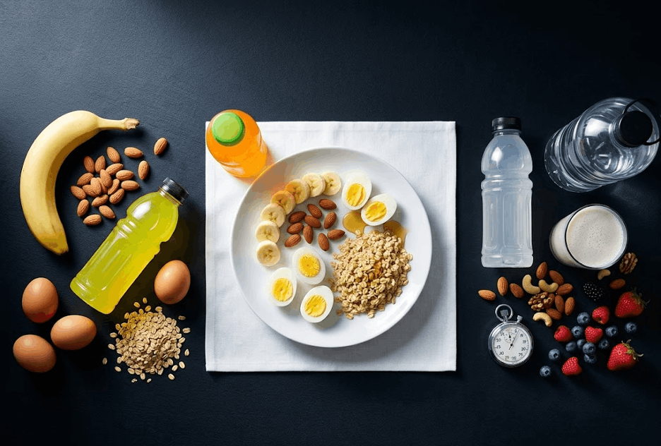 Панорамный набор продуктов для спортивного питания на темном фоне: банан, миндаль, сырые яйца, овсяные хлопья, мед, спортивные напитки и вода. В центре — тарелка с готовым завтраком из вареных яиц, нарезанного банана и овсянки, а справа — протеиновый коктейль, свежие ягоды и кухонный таймер.