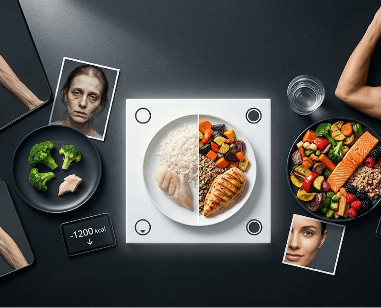 Контраст между недоеданием и нормой: уставший мужчина рядом с маленькой порцией овощей и счастливый мужчина с полноценным блюдом из лосося, спаржи и батата.