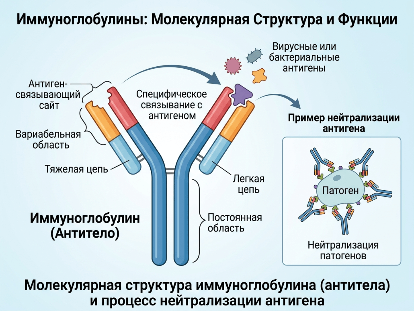 Схема Y-образной молекулы иммуноглобулина с обозначением тяжёлых и лёгких цепей, вариабельного и константного участков. На схеме показано, как «рожки» буквы Y захватывают антиген вируса или бактерии по принципу «ключ-замок»