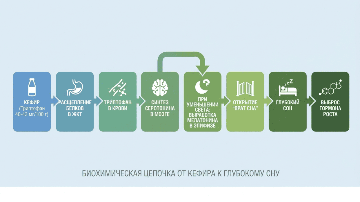 Инфографика: цепочка синтеза мелатонина из триптофана при употреблении кефира на ночь