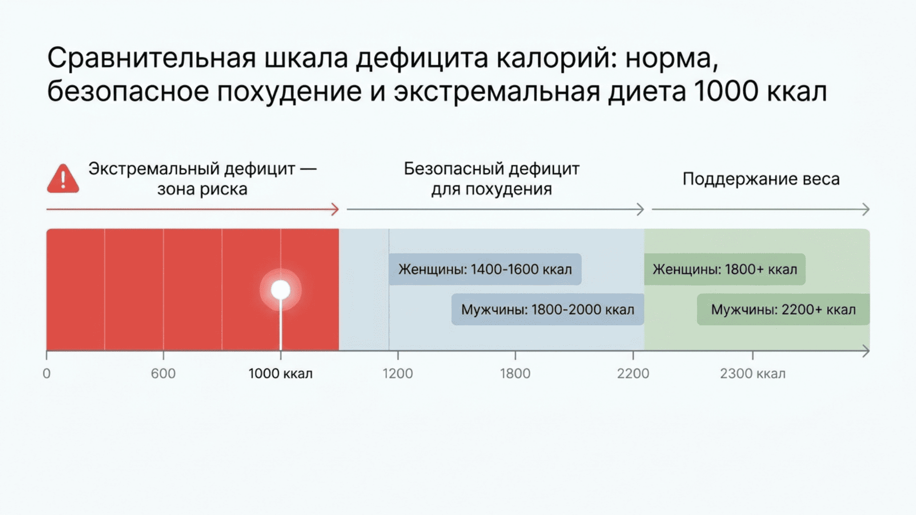 Сравнительная шкала дефицита калорий: норма, безопасное похудение и экстремальная диета на 1000 ккал