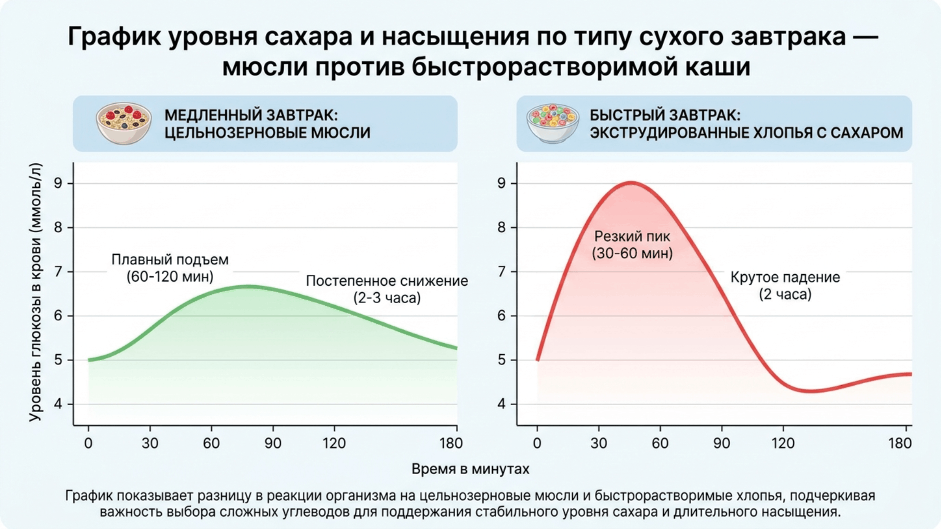 График зависимости уровня сахара и чувства насыщения от типа злакового завтрака — мюсли против быстрорастворимых каш
